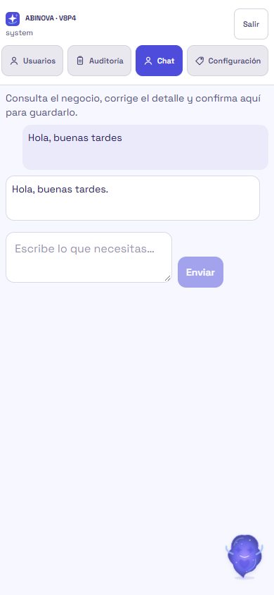 Captura auténtica del chat de ABINOVA en pruebas