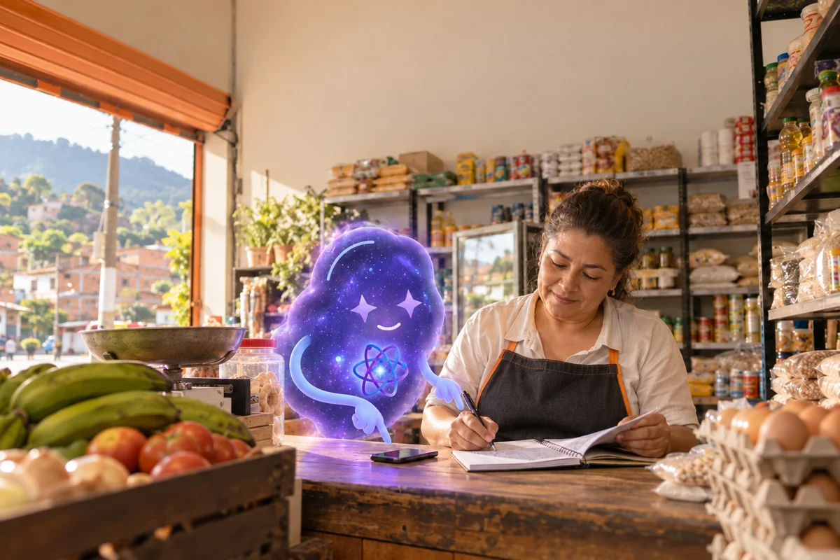 ABI ayuda a una comerciante a revisar su libreta y teléfono. Escena ilustrativa